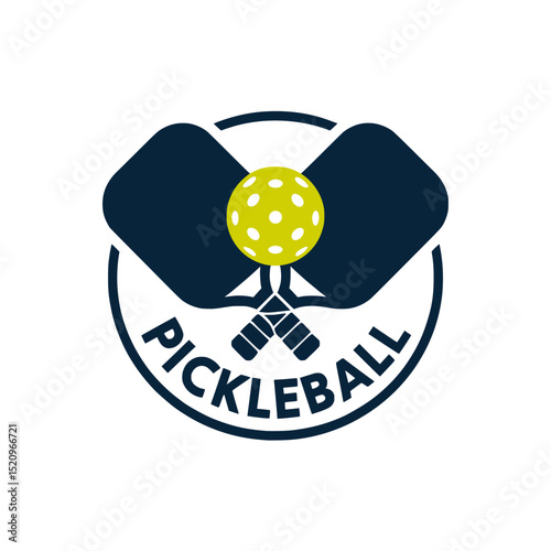 Green Pickleball Logo with Paddles and Ball, Pickleball logo in green tones showing crossed paddles and a perforated ball, perfect for sports branding or club emblems.

