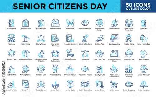 Senior Citizens Day icons set with active aging, aging in place, assisted living, baby boomers, caregiving, cognitive health, community centers, dementia care icon. Simple outline color vector 
