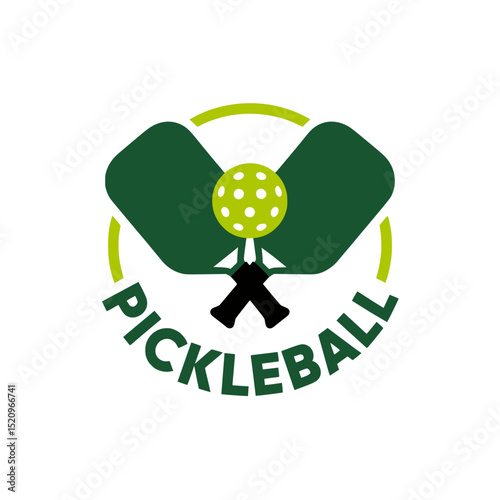 Green Pickleball Logo with Paddles and Ball, Pickleball logo in green tones showing crossed paddles and a perforated ball, perfect for sports branding or club emblems.

