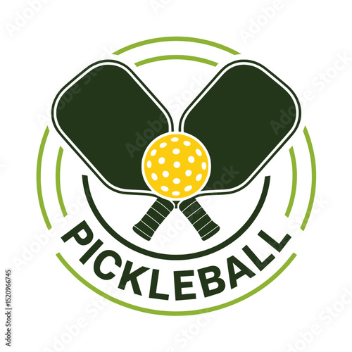 Green Pickleball Logo with Paddles and Ball, Pickleball logo in green tones showing crossed paddles and a perforated ball, perfect for sports branding or club emblems.

