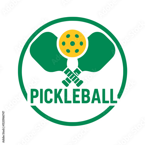 Green Pickleball Logo with Paddles and Ball, Pickleball logo in green tones showing crossed paddles and a perforated ball, perfect for sports branding or club emblems.

