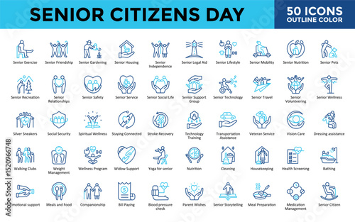 Senior Citizens Day icons set with senior exercise, senior friendship, senior gardening, senior housing, senior independence, senior legal aid, senior lifestyle icon. Simple outline color vector 
