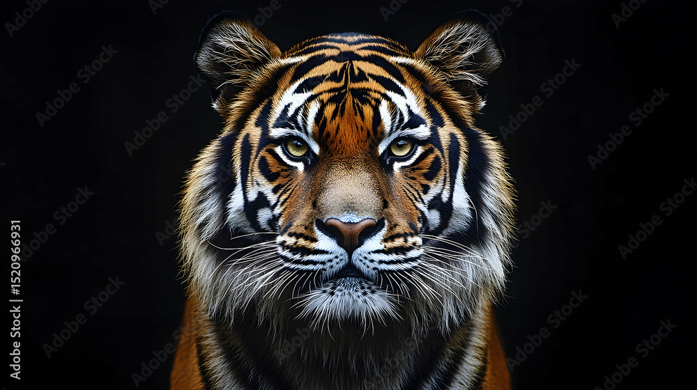 Fototapeta premium Close-up portrait of a tiger against a black background.