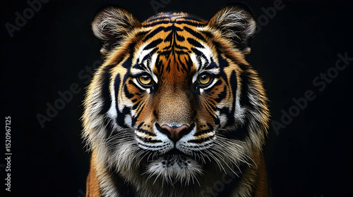 Close-up portrait of a tiger against a dark background.