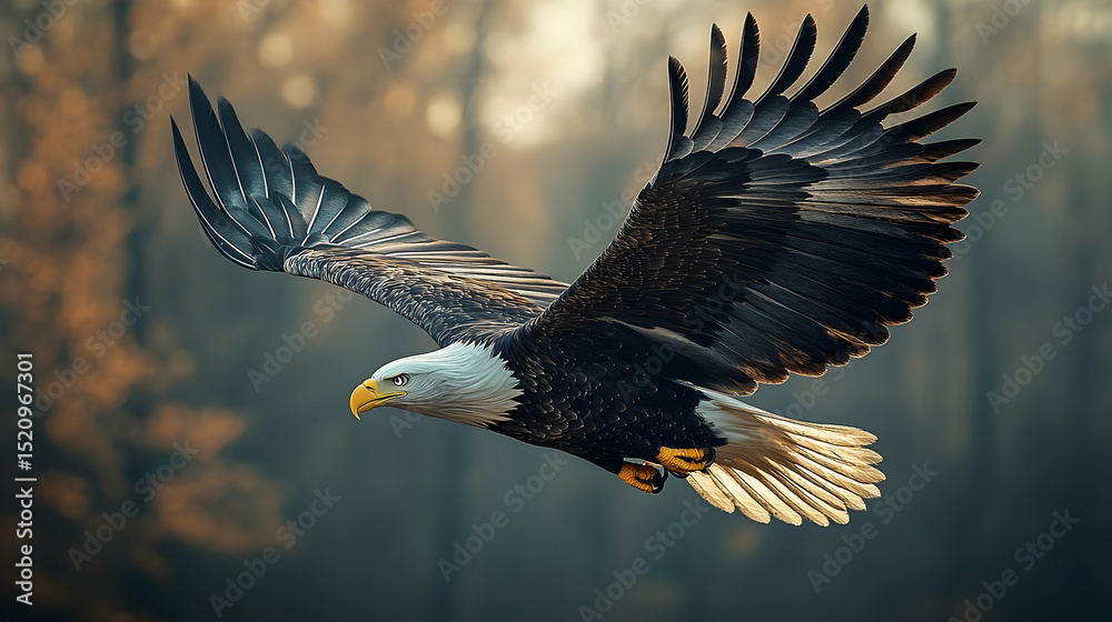 Obraz premium Majestic bald eagle soaring through a forest.