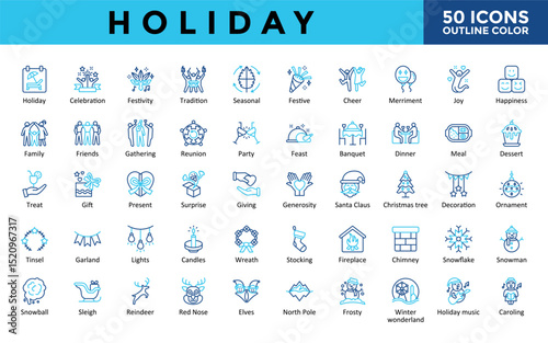 Holiday icons set with holiday, celebration, festivity, tradition, seasonal, festive, cheer, merriment, joy, happiness icon. Simple outline color vector 
