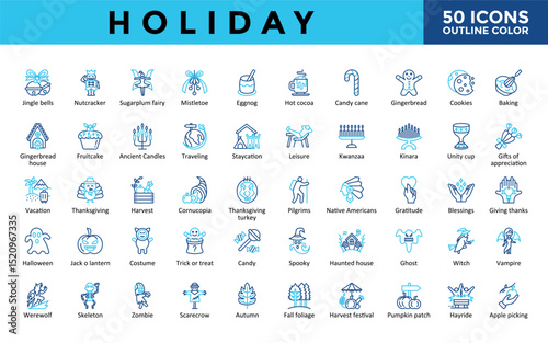 Holiday icons set with jingle bells, nutcracker, sugarplum fairy, mistletoe, eggnog, hot cocoa, candy cane, gingerbread, cookies, baking icon. Simple outline color vector 
