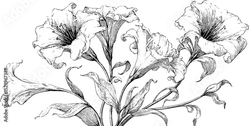Elegant floral ornament in art nouveau style engraved illustration for decorative design