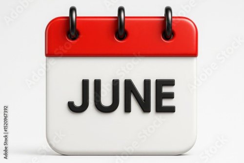 3d rendered calendar displaying the month of june with a red and white design concept against a clean white background