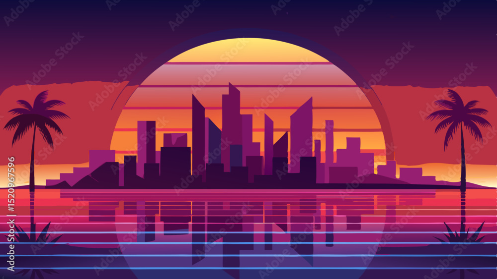 Fototapeta premium Retro cityscape sunset palm trees transparent background