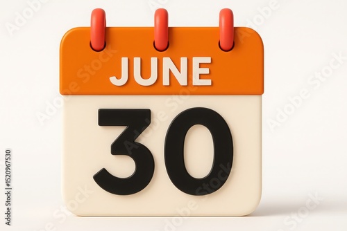 A 3d render of a calendar displaying the date june 30th isolated on a white background.