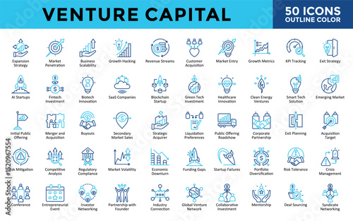Venture Capital icons set with expansion strategy, market penetration, business scalability, growth hacking, revenue streams, customer acquisition, market entry icon. Simple outline color vector 
