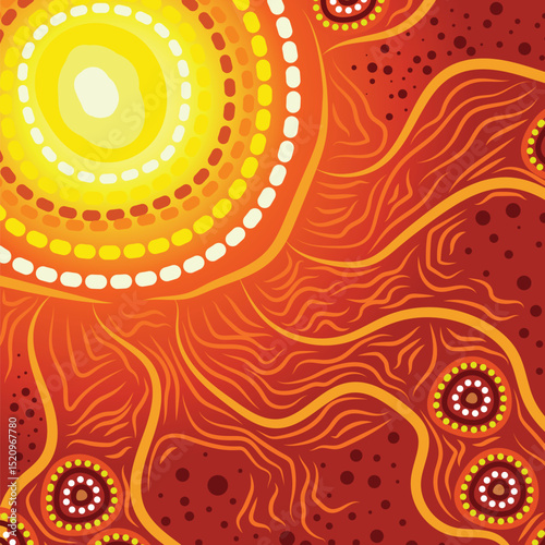 Aboriginal-style artwork depicting the sun radiating energy, with flowing lines representing connection to land and nature.