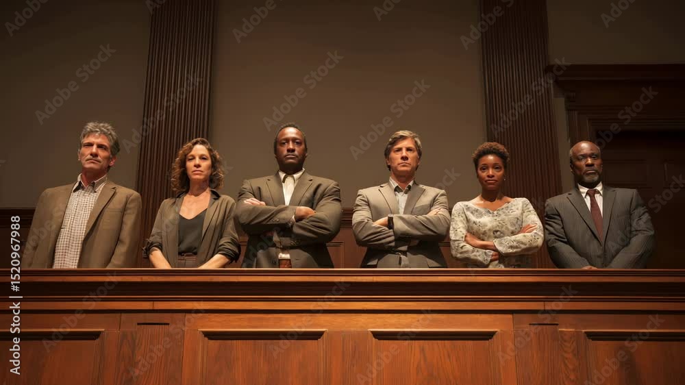 Jury members sit in court, faces reflecting careful thought. Jury listens, weighing justice in silence. Jury acts as society's conscience.
