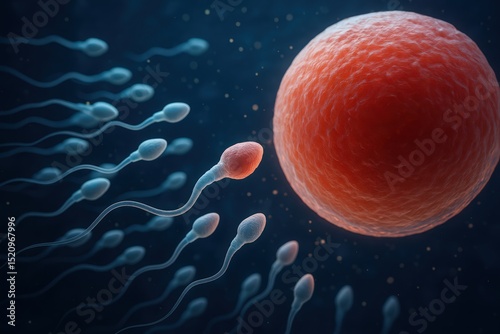 Artistic representation of human egg cell being approached by multiple spermatozoa against a dark blue background