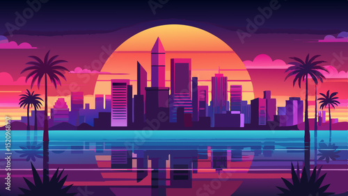 Vibrant cityscape sunset reflection, tropical palms, transparent background