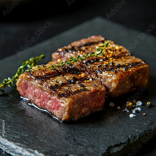 Barbecue dry aged wagyu rib-eye beef steaks with herb and black salt served as close-up on a black board with copy space right