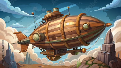 Wooden steampunk airship flying over fantasy cityscape