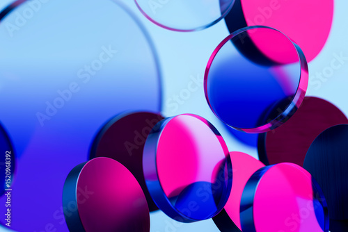 Abstract 3D composition of colorful glass spheres with neon reflections