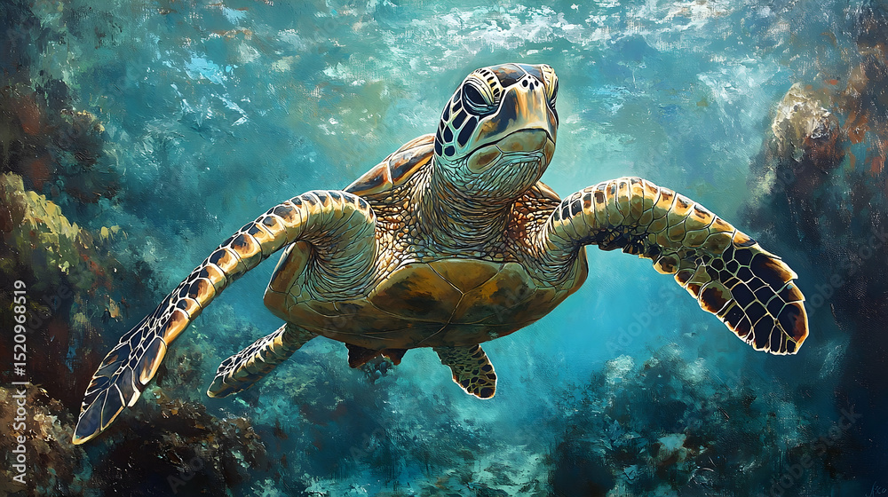 Fototapeta premium Majestic sea turtle glides through the ocean depths.