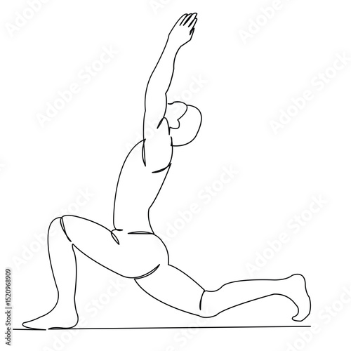One continuous single drawing line art flat doodle yoga, pose, exercise, male, fitness, training, man, adult, balance. Isolated image hand draw contour on a white background
