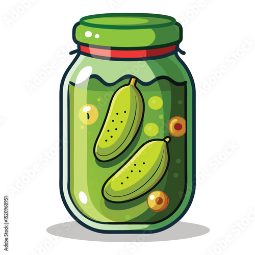 Cartoon Jar of Pickled Cucumbers with Brine and Spices, Bright Green Illustration