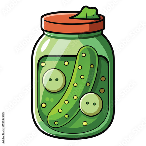 Cartoon Jar of Pickles Illustration Featuring Green Dill Pickles and Seasoning
