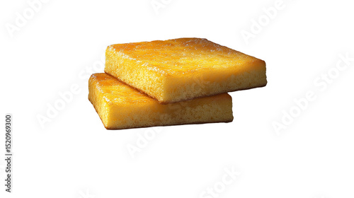 Two golden sponge cakes piled high glistening with sweet glaze a on transparent background