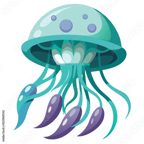 Cartoon Jellyfish With Teal Bell, Blue Spots, And Flowing Tentacles Illustration