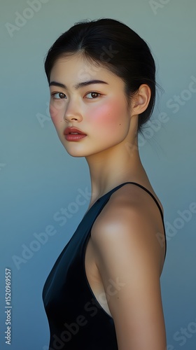 Elegant woman with subtle blush and dark hair.