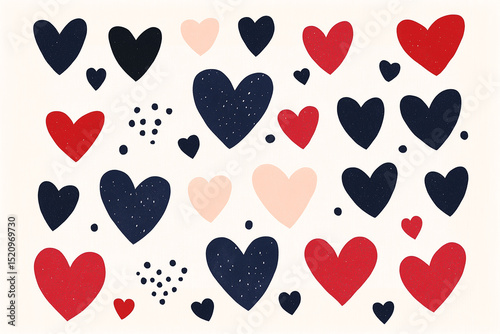 Red and navy hearts pattern with dots on cream background