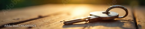 Close-up shot of a house key, gleaming in the sunlight, resting on a wooden surface The key's intricate details are clearly visible, suggesting security and homeownership , copper, key, gleam