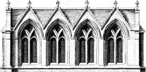Detailed engraved illustration of gothic facade with lancet windows