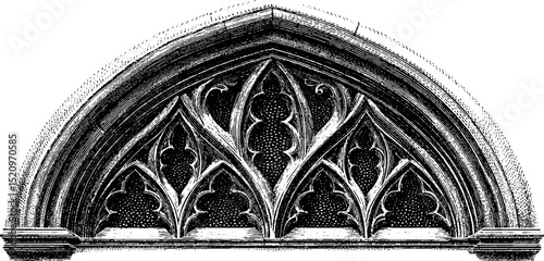 Detailed engraving of gothic facade with pointed arches for architectural design