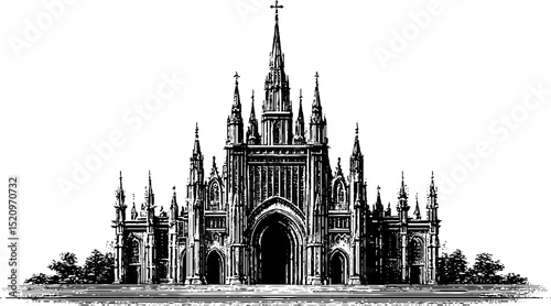 Intricate gothic revival architecture engraving for historical art and design
