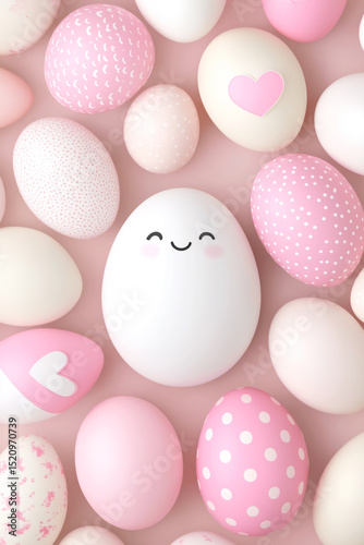 Cute Smiling Easter Eggs in Pink and White Pastel Colors