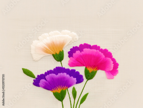Embroidered Flowers in Pink, Purple, and White on Linen Background