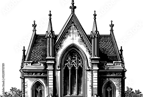 Engraved illustration of gothic revival facade architecture design for historical enthusiasts