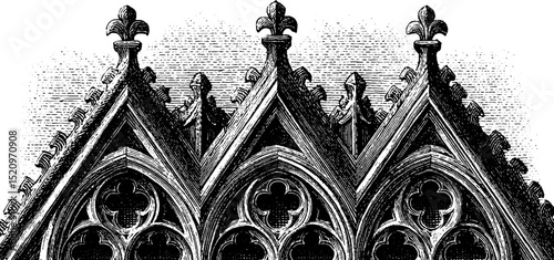 Gothic revival facade engraving with ornate architectural details