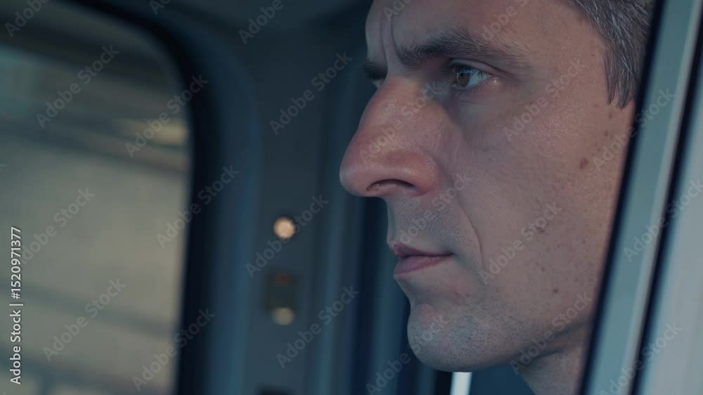 Profile view of a thoughtful man looking outside a train window, presented in a multi screen composition