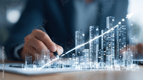 Real Estate Market Growth: Business Professional Using Digital Technology and Data Analysis for Property Investment and Percentage Increase in a Modern Workspace. High quality