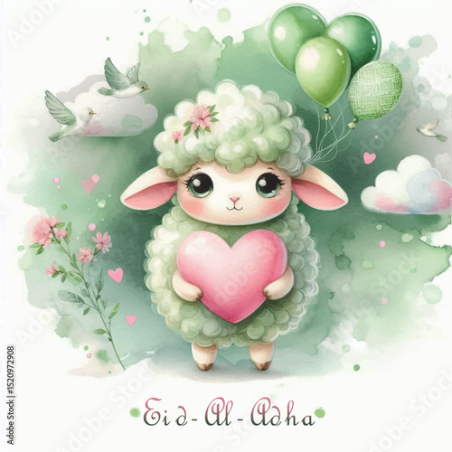 Cute sheep with balloons, celebrating the joyful Eid al-Adha