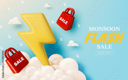 Exciting Monsoon Flash Sale with 3D Shopping Bags, Lightning Bolt, and Raindrop Elements