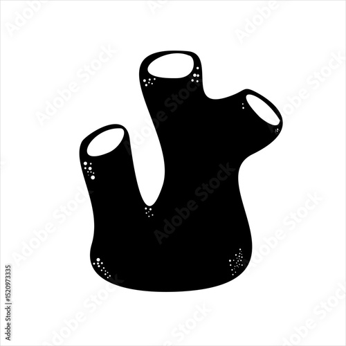 Vector Icon Hollow coral serving as fish shelter,
surrounded by small shallow sea corals,
black silhouette illustration on white background
