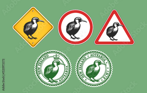 Vector set of icons, stickers and signs. Graphic kiwi bird. Road sign. New Zealand, Aotearoa. Collection of emblems. Green background.