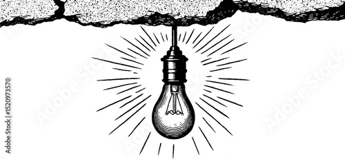 Engraved illustration of loft ceiling light bulb shining. Vintage architectural design with classic hanging fixture, detailed craftsmanship, industrial interior