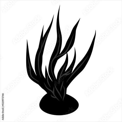 Vector Icon Green seaweed on mossy underwater rocks,
soaked in clear coastal seawater,
black silhouette illustration on white background