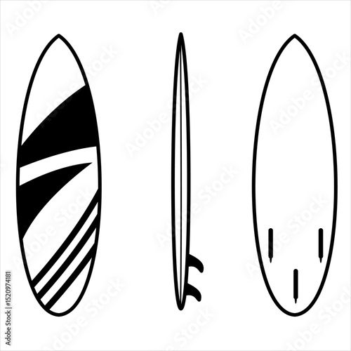 Vector Icon Dark blue surfboard shown in full,
classic-modern vibe from all angles,
line art style