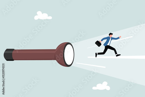 Business direction guidance, career path or solution to reach goal, mentorship, help and manager support, find the way concept, confidence businessman running forward on torch flashlight light beam.