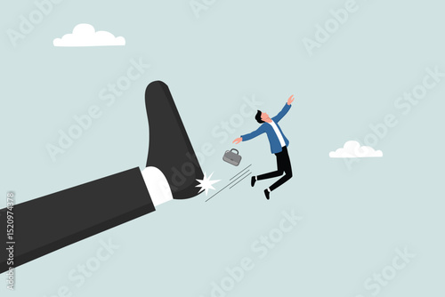 Being fired from work, company lay off or underperform employee, business failure or mistake concept, angry giant boss kick fired businessman employee away from office.